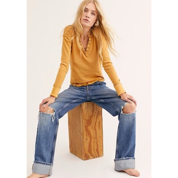 Free People We the Free Military Mix Mustard Yellow Henley Top - Picture 1 of 10